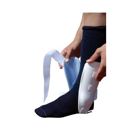 When donning the brace,do the non skid bumps on heel of strap face up under heel or down toward floor